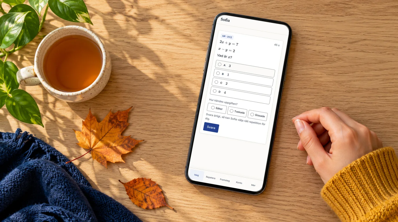 En mobil på ett solbelyst träbord visar en övningsuppgift i Sofia: två ekvationer, frågan ”Vad är x?”, fyra svarsalternativ och valen Säker, Tvekade och Gissade.